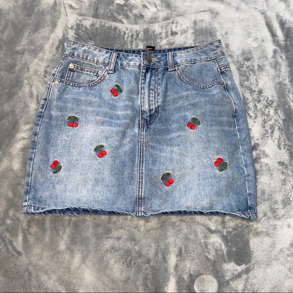 forever21 cherry denim skirt